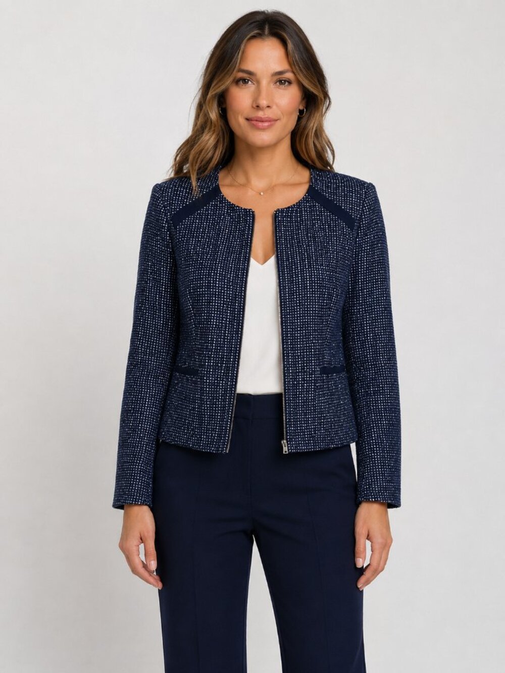 Vince Camuto Navy Tweed Zip Front Jacket Blazer Size 12 Shoulder Career Office